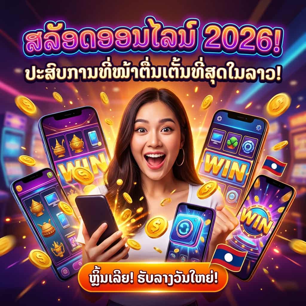 A square, high-energy social media graphic featuring a cheerful young woman celebrating a win while holding a smartphone. She is surrounded by several other floating smartphones displaying vibrant slot game interfaces with "WIN" text and traditional Lao-themed icons. Gold coins fly across the frame against a neon-lit casino background. The image features bold, glowing Lao typography including the headline "ສລັອດອອນໄລນ໌ 2026!" (Slots Online 2026!) and a call-to-action button at the bottom. Small Lao flags are subtly integrated into the design to emphasize the local context.