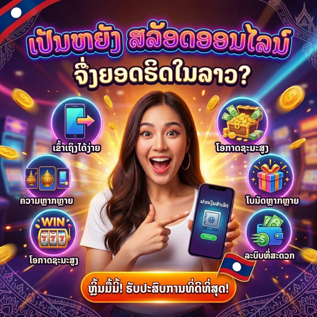 A square, vibrant social media graphic designed for a Lao audience. The image features a smiling young woman in the center, holding a smartphone that displays a digital vault icon and Lao text. She is surrounded by six glowing circular icons, each containing a symbolic graphic and a Lao caption: a smartphone (easy access), a treasure chest (high win chances), traditional gold vessels (variety), a gift box (bonuses), a "WIN" slot machine (high win chances), and a digital wallet (convenient system). 

The background is a dynamic, neon-lit casino atmosphere with flying gold coins and subtle Lao cultural patterns in the corners. The main headline at the top asks in bold Lao typography, **"ເປັນຫຍັງ ສລັອດອອນໄລນ໌ ຈຶ່ງຍອດຮິດໃນລາວ?"** (Why are online slots popular in Laos?), and a bright orange call-to-action button at the bottom features more Lao text and a small Lao national flag.