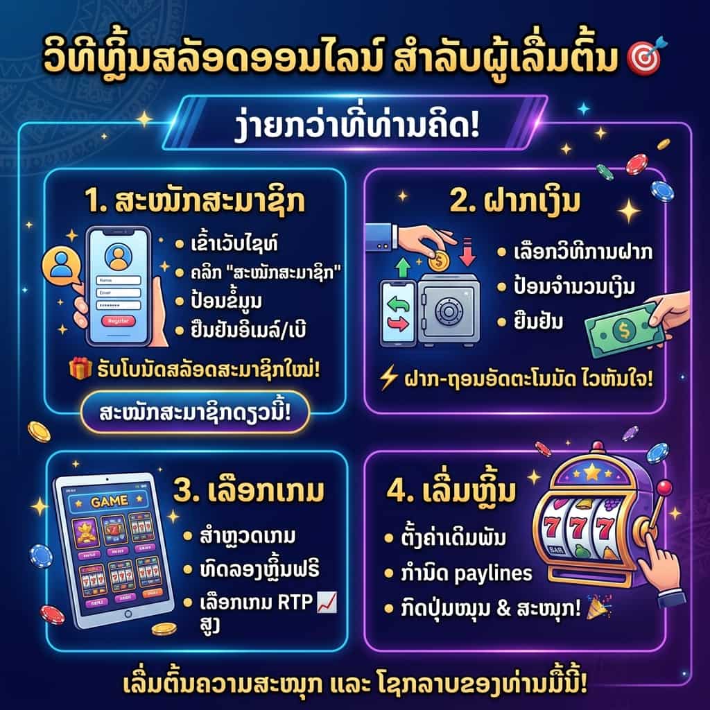 A square instructional infographic in Lao designed for social media, titled "**ວິທີຫຼິ້ນສລັອດອອນໄລນ໌ ສຳລັບຜູ້ເລີ່ມຕົ້ນ 🎯**" (How to Play Online Slots for Beginners) in bold yellow text at the top. The sub-headline in a blue bubble reads "**ງ່າຍກວ່າທີ່ທ່ານຄິດ!**" (Easier than you think!).

The image is divided into four neon-bordered sections:

1.  **ສະໝັກສະມາຊິກ (Register):** Features an icon of a smartphone with a registration form. Bullet points list entering the website, clicking register, filling in data, and confirming via email/phone. A gift box icon highlights "Get a new member bonus!" with a blue button saying "**ສະໝັກສະມາຊິກດຽວນີ້!**" (Register now!).
2.  **ຝາກເງິນ (Deposit):** Shows a hand putting a coin into a safe and a smartphone with arrows. It explains choosing a method, entering the amount, and confirming. It highlights "**ຝາກ-ຖອນອັດຕະໂນມັດ ໄວທັນໃຈ!**" (Auto deposit-withdrawal, instant speed!).
3.  **ເລືອກເກມ (Select Game):** Displays a smartphone screen filled with various game icons. Bullet points advise exploring games, trying for free, and choosing high RTP games for better winning chances.
4.  **ເລີ່ມຫຼິ້ນ (Start Playing):** Shows a classic 777 slot machine being pulled by a hand. It lists setting the bet, defining paylines, and pressing spin to enjoy.

The background is a deep purple with floating gold coins and casino chips. The footer text reads: "**ເລີ່ມຕົ້ນຄວາມສະໜຸກ ແລະ ໂຊກລາບຂອງທ່ານມື້ນີ້!**" (Start your fun and luck today!).