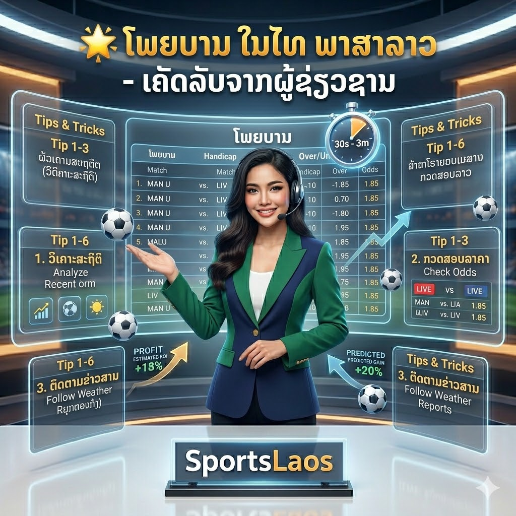 A professional 1:1 square infographic for SportsLaos featuring a smiling Thai female presenter in a green and navy blazer. She gestures toward a futuristic, transparent digital display showing a "Football Prediction Slip" (ໂພຍບານ) with match data and expert betting tips in Lao script. The high-tech studio background features glowing gold and blue accents, floating footballs, and a digital stopwatch, with the SportsLaos logo prominently displayed on a sleek desk in the foreground.